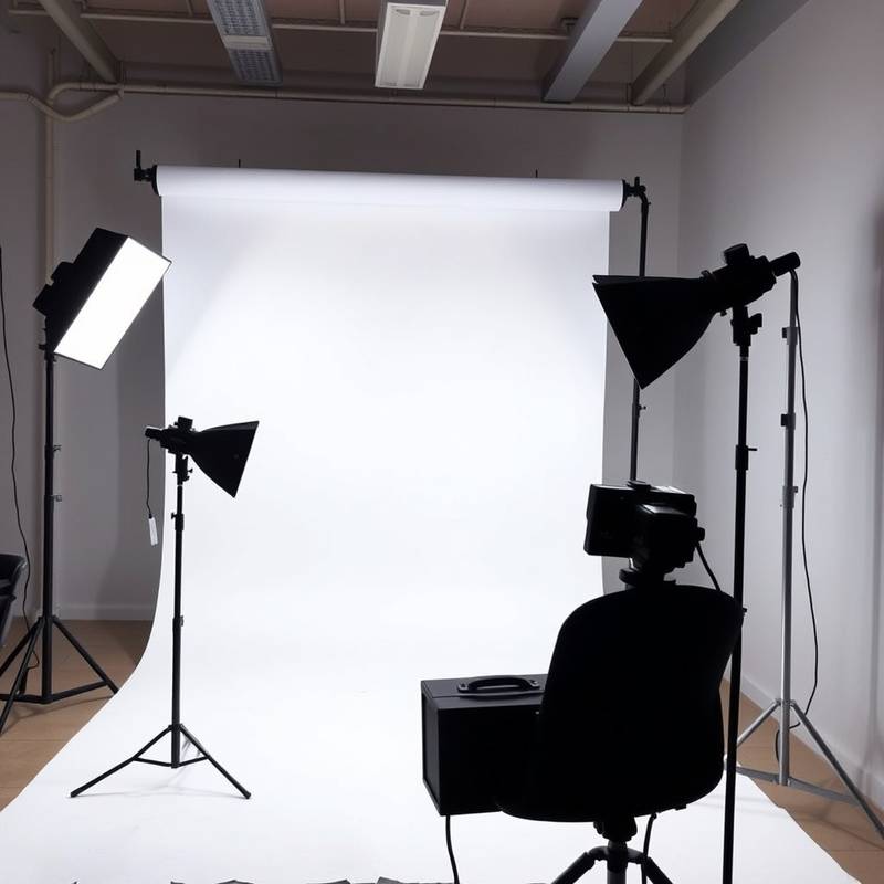 A compact and well-equipped photo studio room for small-scale projects and headshots, featuring seamless paper backdrops and basic lighting equipment.