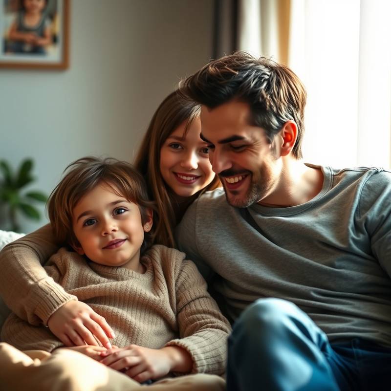 A portrait of a family, highlighting natural light and a relaxed, comfortable atmosphere.