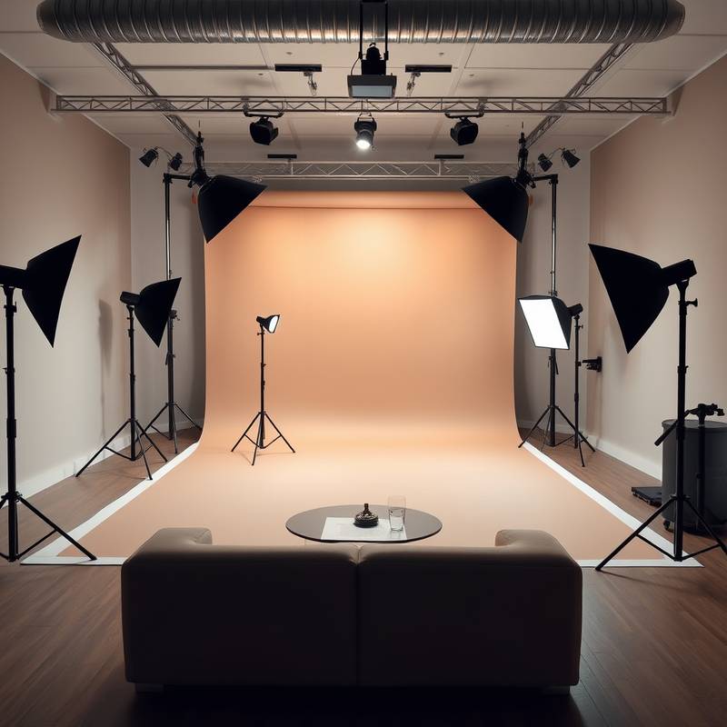 A spacious photo studio room with professional lighting equipment, backdrop, and comfortable seating area.