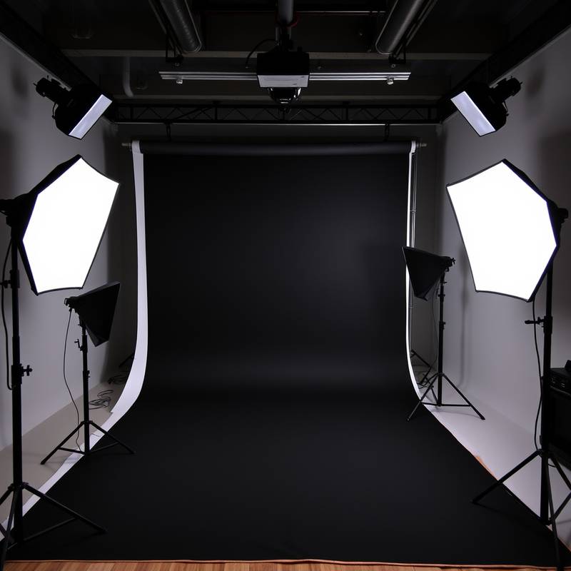 A versatile photo studio room with a black backdrop, color gels for lighting, and a dedicated area for product photography, suitable for various creative projects.
