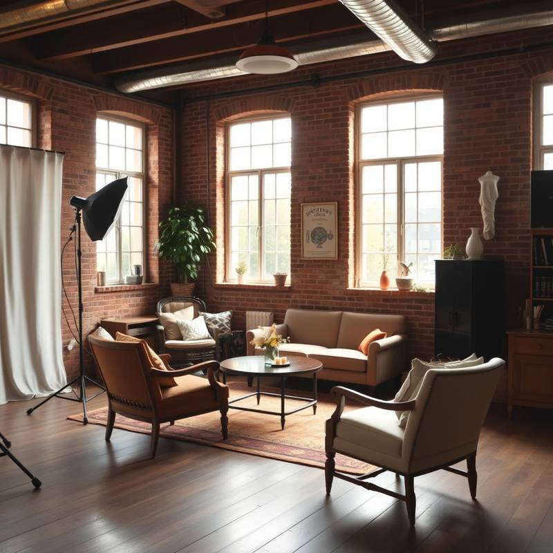 A warm and inviting photo studio room with natural light, exposed brick, vintage furniture, and a cozy ambiance, perfect for intimate portraits and lifestyle shoots.