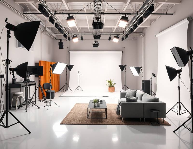 A wide-angle shot of Luminosity Studios' main studio space, showcasing professional lighting equipment, a variety of backdrops, and a comfortable seating area for clients and crew.