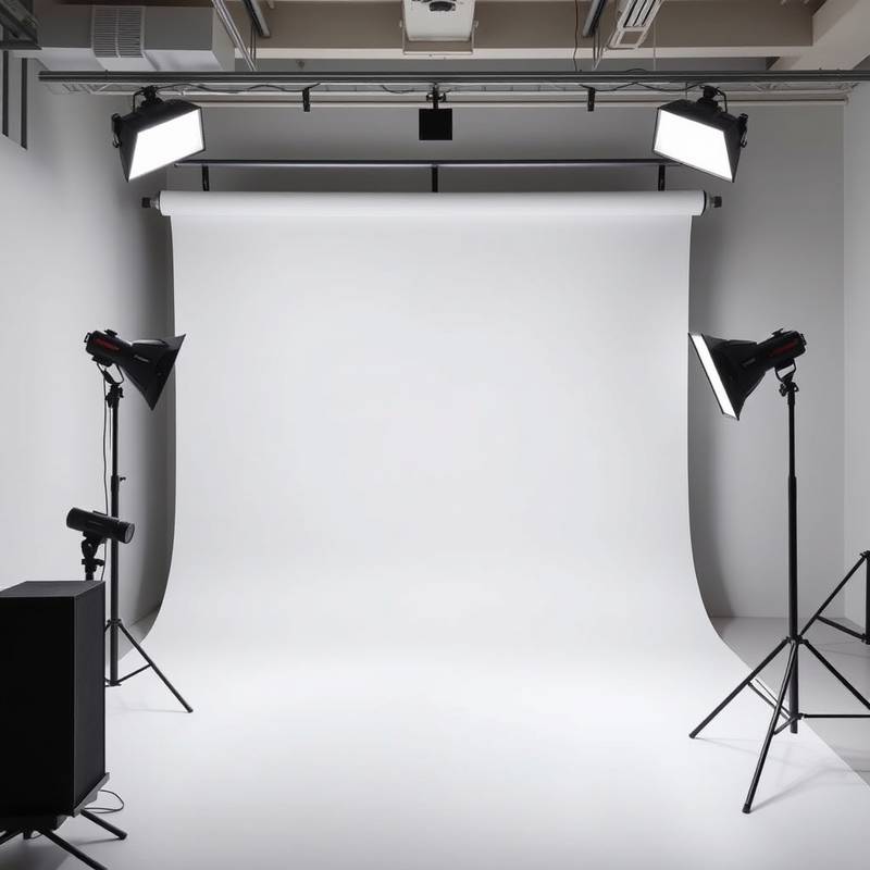 Photo of Studio Room 1. Modern studio with a white cyclorama wall and professional lighting equipment.
